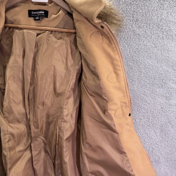 Coffee Shop Coat Womens Medium tan Long Sleeve Button Up Jacket faux fur hooded - Picture 13 of 15